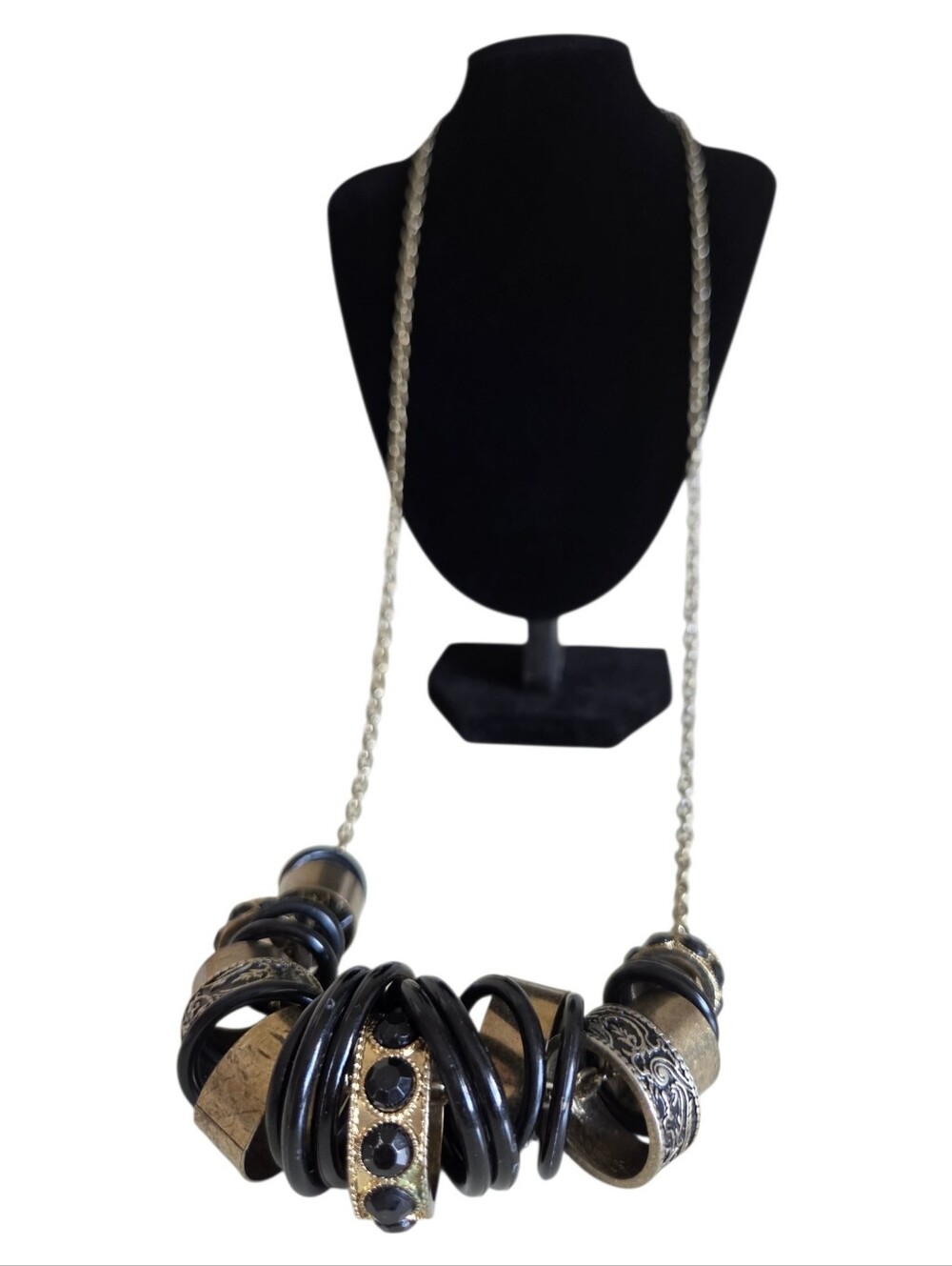 chunky mixed metal layering necklace black rhinestone filigree ring brass 30"